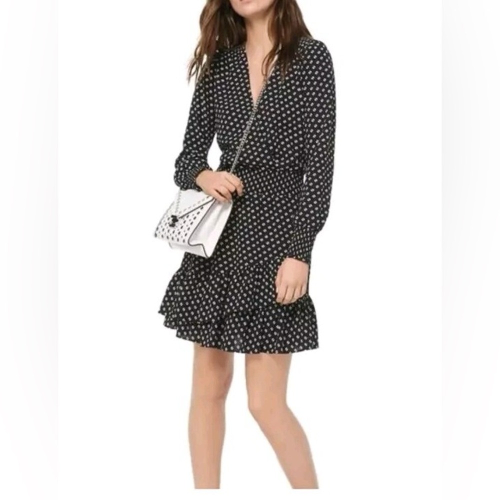 Michael Kors Black Polka Dot Long Sleeve Ruffle Dress